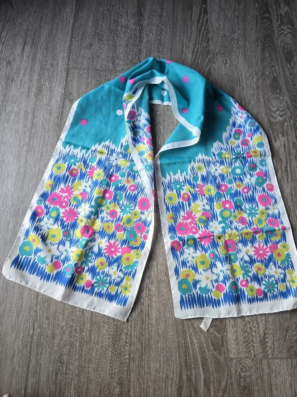 Vintage Mod Floral Scarf Long Oblong Blue Pink Polka Dot Flower Power Italy